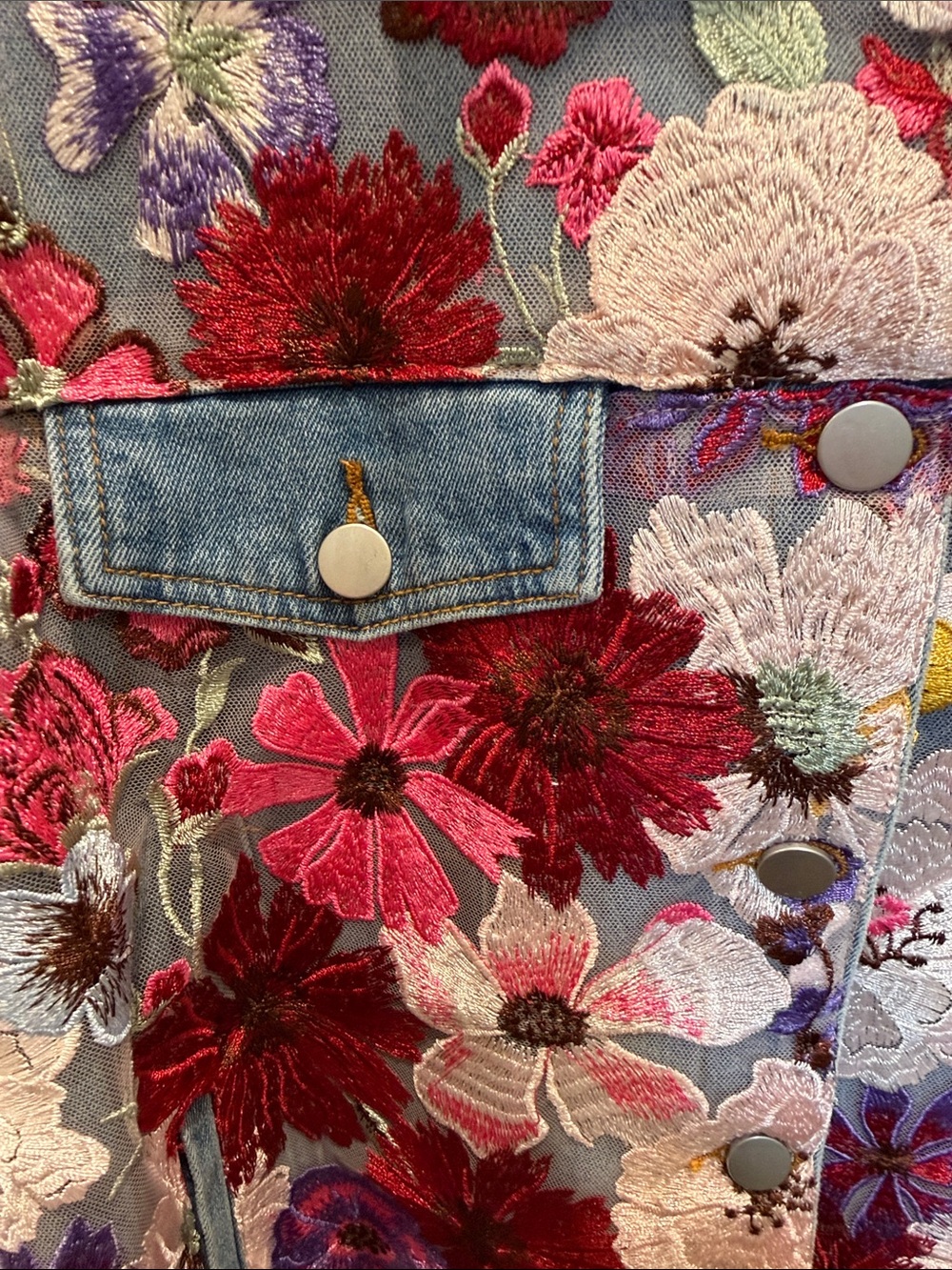 Boston Proper Embroidered Floral Denim Jacket in Pink, Red, Purple & Yellow - Picture 3 of 4